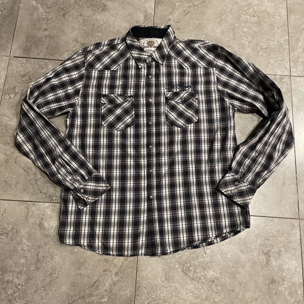 Ed Hardy Embroidered Plaid Pearl Snap Long Sleeve Shirt Y2K Punk Grunge Mens XL